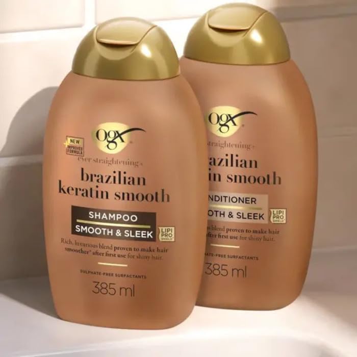 شامپو و نرم کننده OGX مدل Ever Straightening With Brazilian Keratin Smooth بسته ۲ عددی